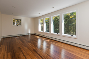 wooden floor studio room with large glass windows
